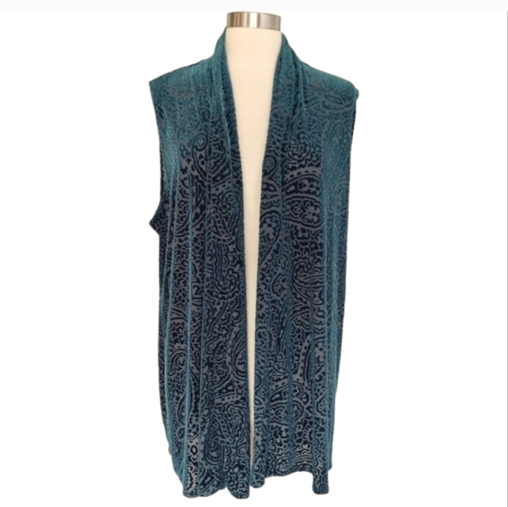 Susan Graver Teal Sleeveless Cardigan 1X Open Front Vest Overpiece Plus Size